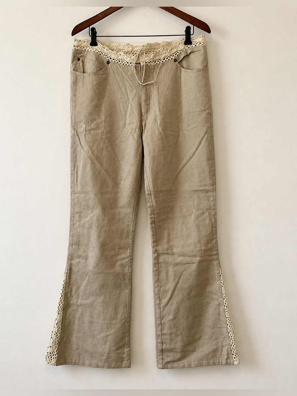 Gypsy Jeans Khaki Linen Blend Crochet Bell Bottom Pants NWT 11/12 #1711